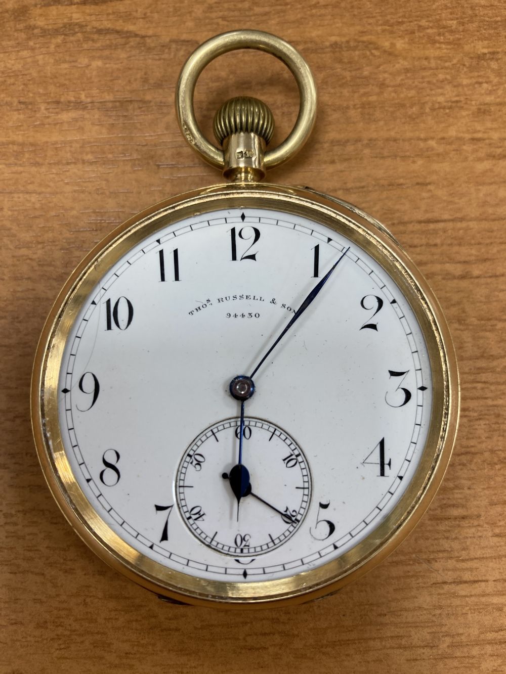 An 18ct gold open face keyless pocket watch, circa 1900, Thomas Russell & Son, No. 94430,